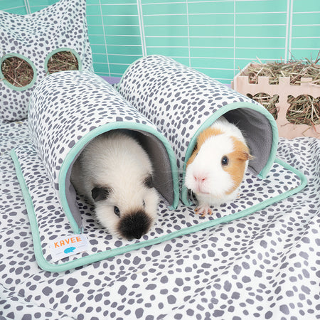 2 Cochons d'inde dans une cage dans un double tunnel motif dalmatien de la marque Kavee