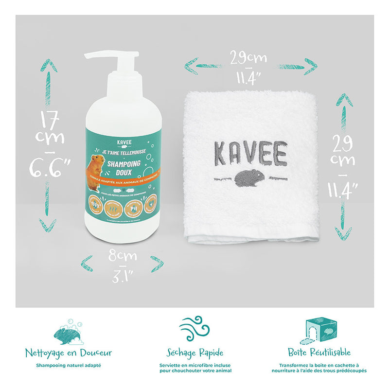 Shampoing et serviette de bain de la marque Kavee sur fond gris avec leurs dimensions et leurs avantages