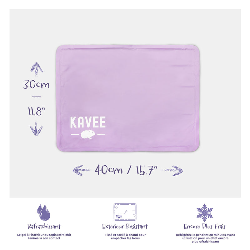 Tapis rafraîchissant violet lila de la marque Kavee sur fond gris clair avec ses dimensions et avantages.
