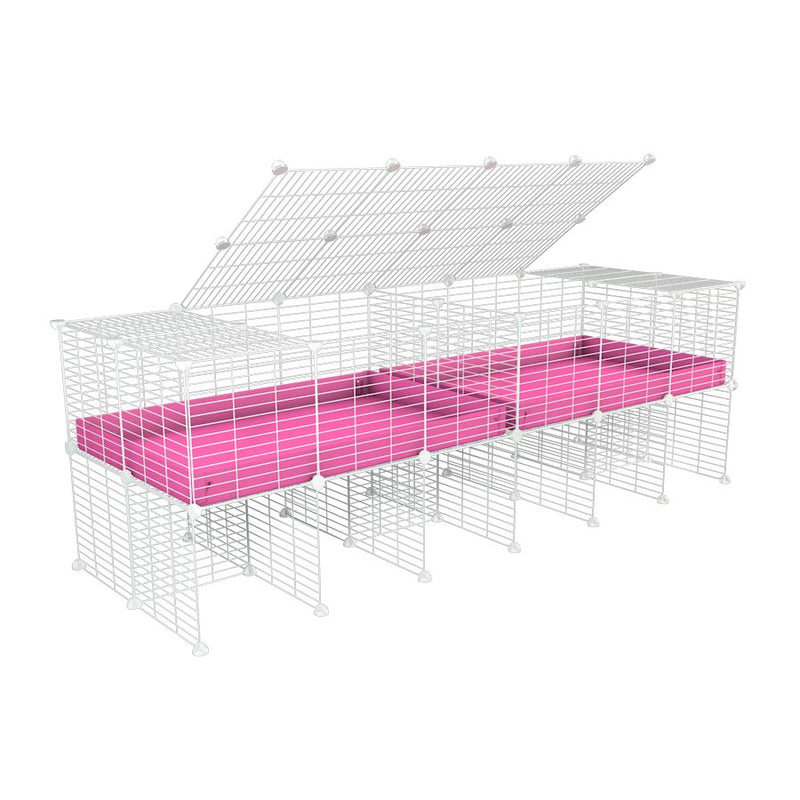 une cavy cage blanche 6x2 stand avec couvercle et separation pour cochons d'inde qui se battent ou en quarantaine avec coroplast rose kavee