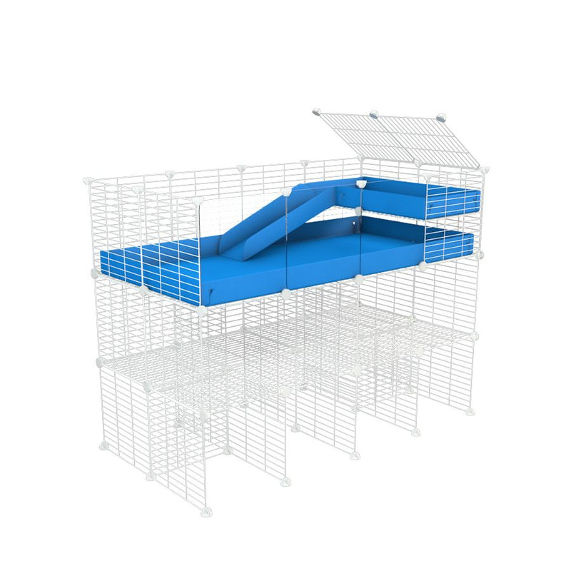 une cavy cage 4x2 pour cochons d'inde  avec panneaux transparents en plexiglass avec double rehausseur loft rampe coroplast bleu et grilles blanches fines de kavee