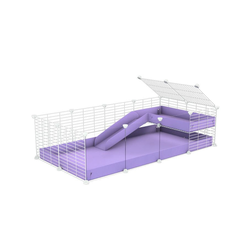 une cavy cage 4x2 avec panneaux transparents en plexiglass  pour cochons d'inde avec une rampe un loft un coroplast violet lilas et grilles blanches sans danger kavee