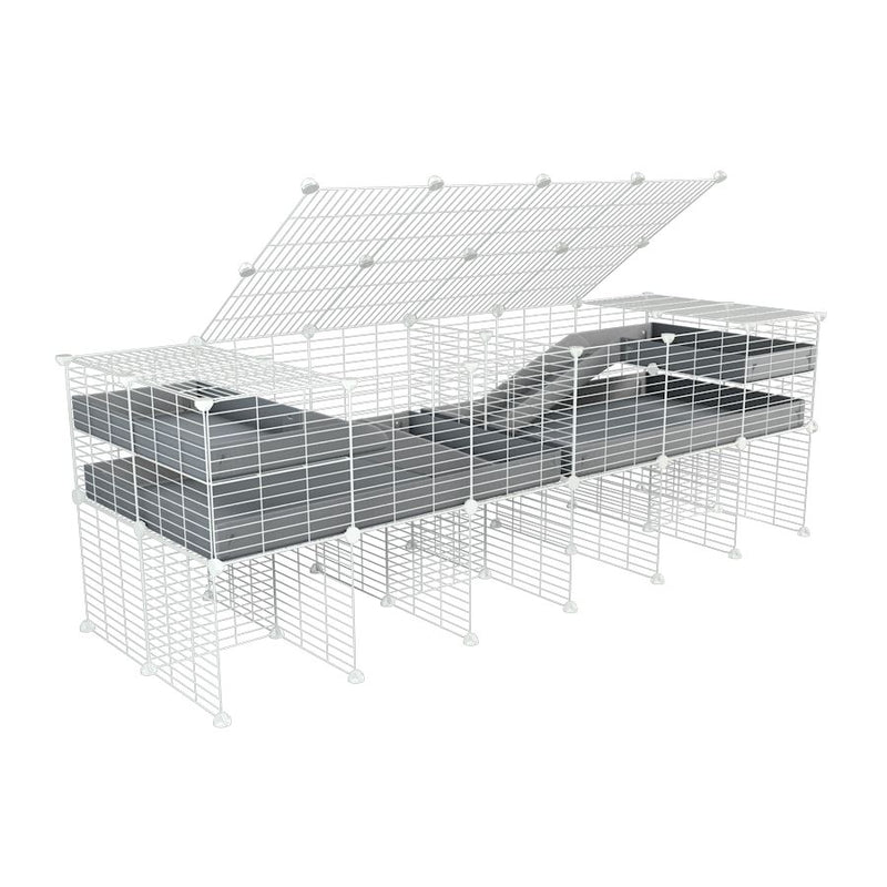 une cavy cage blanche 6x2 stand loft avec couvercle et separation pour cochons d'inde qui se battent ou en quarantaine avec coroplast gris kavee
