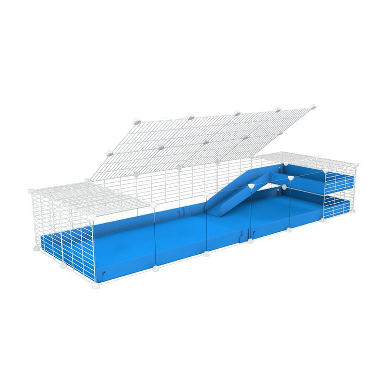 une cavy C&C cage 6x2 avec panneaux transparents en plexiglass  pour cochons d'inde avec une rampe un toit un coroplast bleu et grilles blanches fines pour bebes