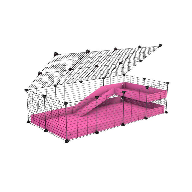 une cavy C&C cage 4x2 pour cochons d'inde avec une rampe un loft un couvercle un coroplast rose et grilles fines pour bebes