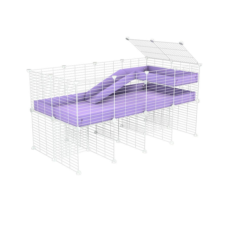 une kavee cage 4x2 pour cochons d'inde avec rehausseur loft rampe coroplast violet lilas et grilles blanches fines
