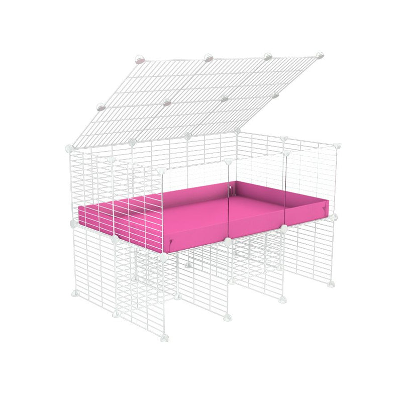 une cavy cage 3x2 avec panneaux transparents en plexiglass  pour cochons d'inde avec rehausseur couvercle correx rose et grilles blanches fines de kavee france