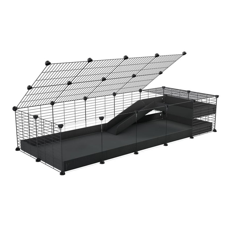 une cavy C&C cage 5x2  avec panneaux transparents en plexiglass pour cochons d'inde avec une rampe un loft un couvercle un coroplast noir et grilles de kavee