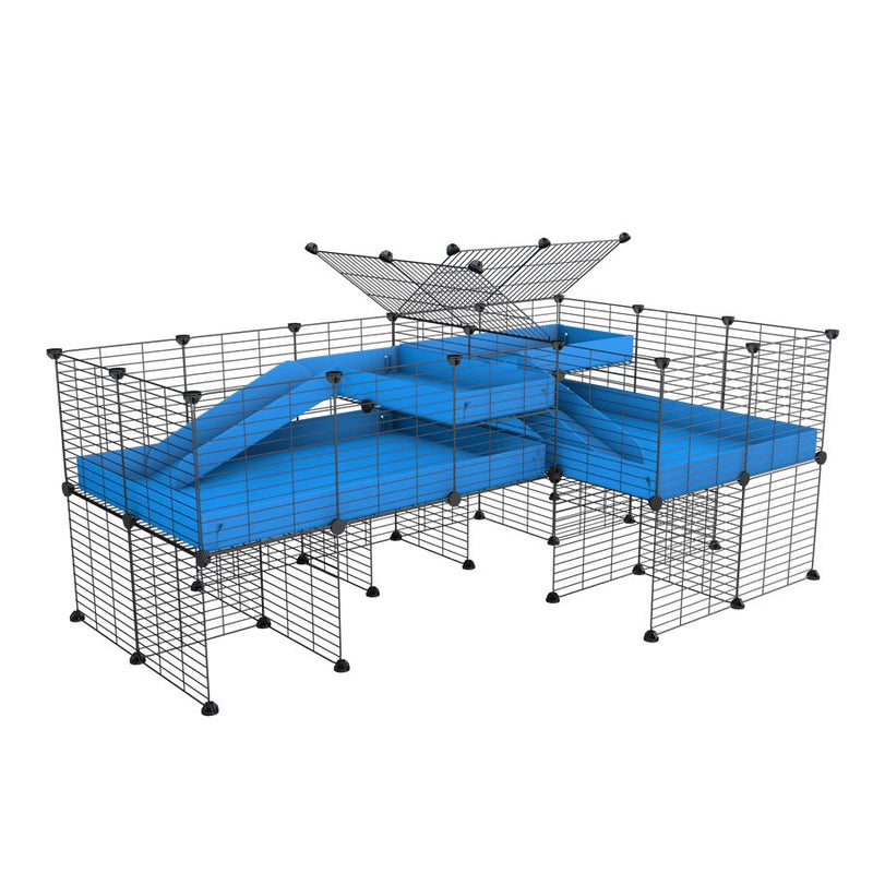 une cavy cage 6x2 en L avec stand et loft avec separation pour cochons d'inde qui se battent ou en quarantaine avec coroplast bleu kavee