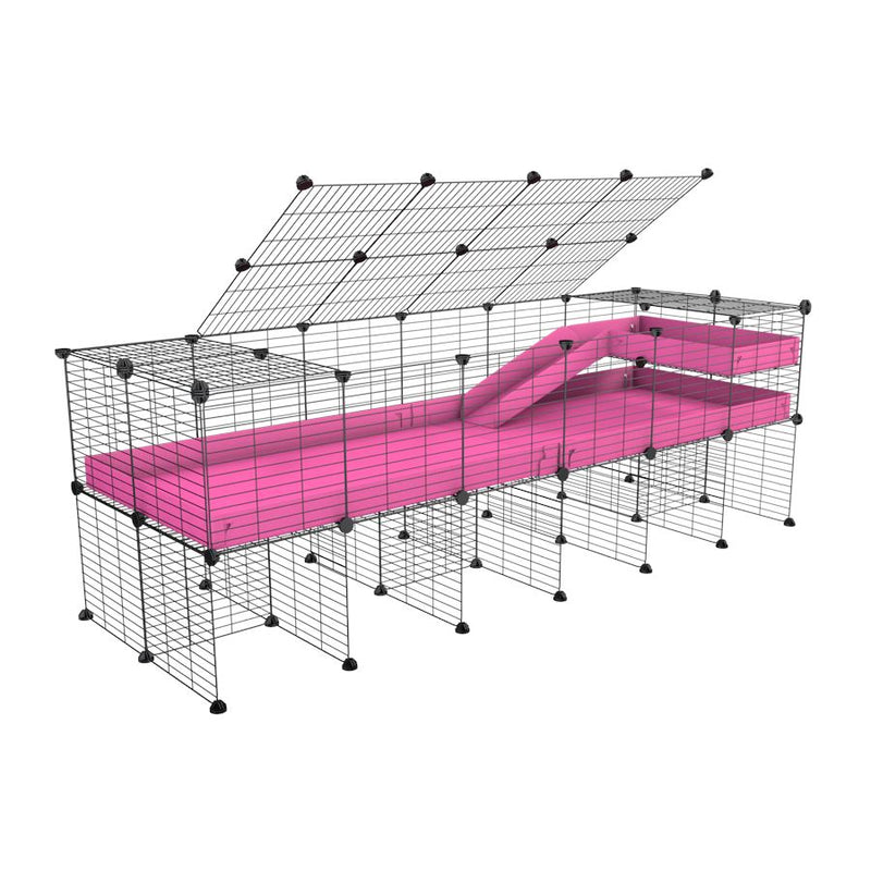 une cavy cage 6x2 pour cochons d'inde avec rehausseur couvercle loft rampe coroplast rose et grilles fines de kavee france