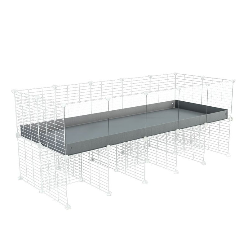 une cavy cage C&C 5x2 avec panneaux transparents en plexiglass  pour cobayes cochons d'inde avec rehausseur correx gris et grilles blanches fines de kavee france