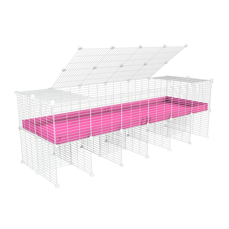 une kavee cage 6x2 pour cochons d'inde avec rehausseur couvercle correx rose et grilles blanches fines