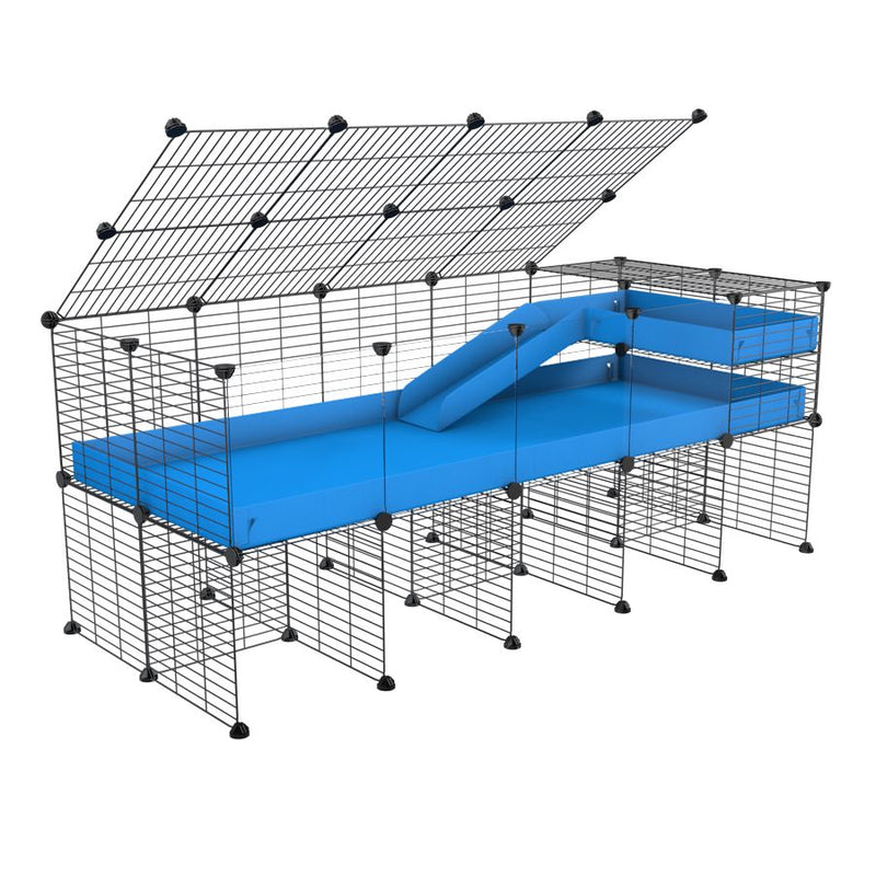 une kavee cage 5x2 avec panneaux transparents en plexiglass  pour cochons d'inde avec rehausseur couvercle loft rampe coroplast bleu et grilles fines