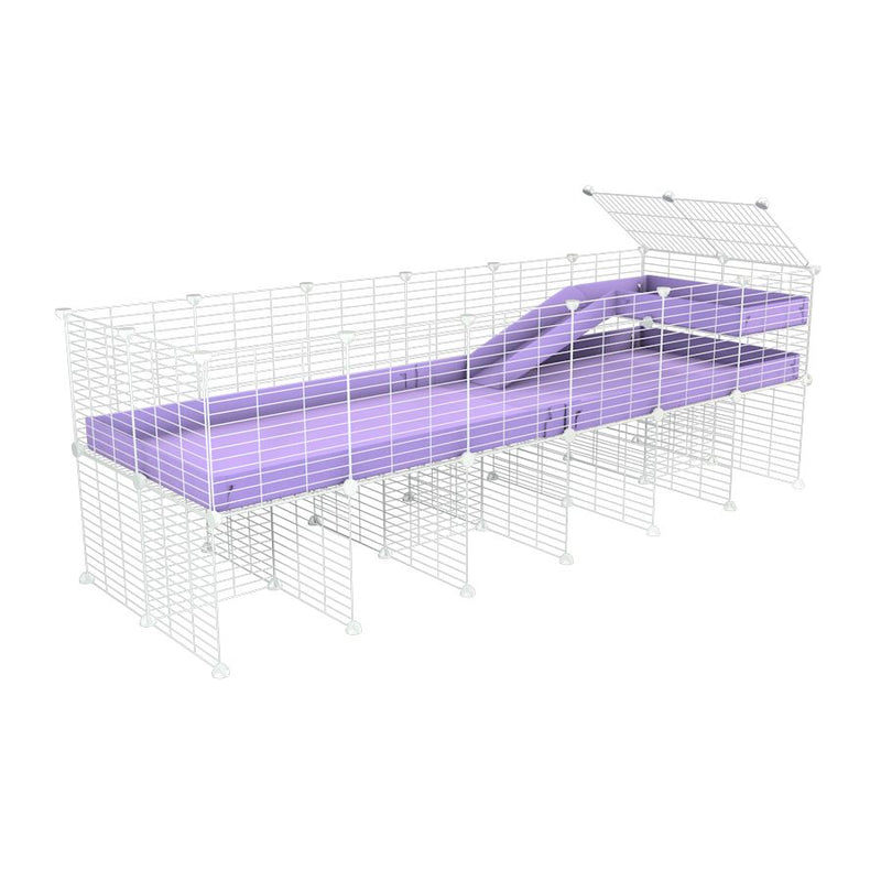 une kavee cage 6x2 pour cochons d'inde avec rehausseur loft rampe coroplast violet lilas et grilles blanches a petits trous