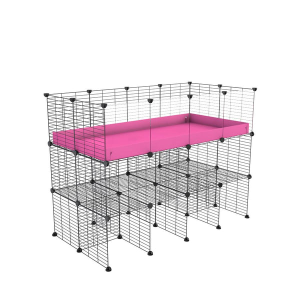 une cavy cage C&C 4x2 pour cobayes cochons d'inde avec panneaux transparents en plexiglass avec double rehausseur correx rose et grilles maillage fin de kavee france