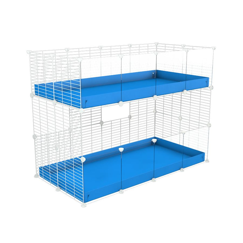Une kavee cage double deux etages 4x2 avec panneaux transparents en plexiglass  pour cochons d'inde avec coroplast bleu et grilles blanches sans danger pour bebes