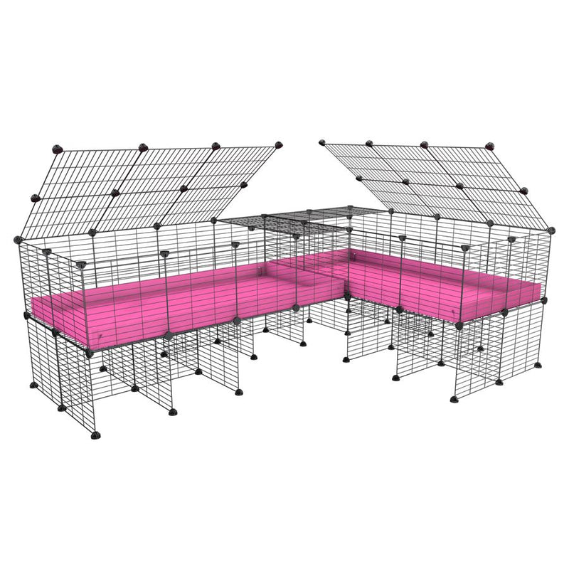 une cavy cage 8x2 en L avec stand avec couvercle et separation pour cochons d'inde qui se battent ou en quarantaine avec coroplast rose kavee