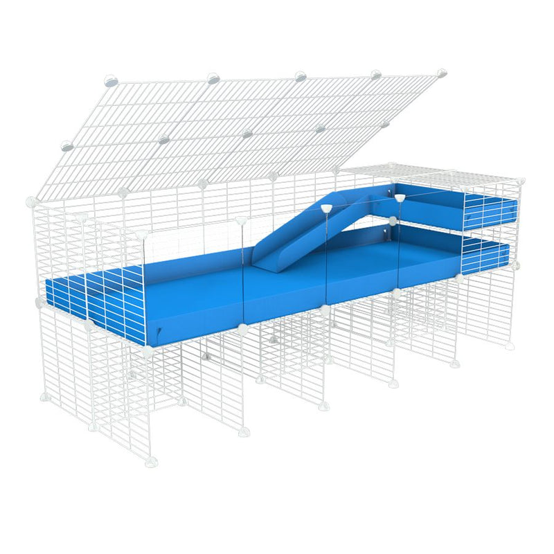 une kavee cage 5x2 avec panneaux transparents en plexiglass  pour cochons d'inde avec rehausseur couvercle loft rampe coroplast bleu et grilles blanches fines