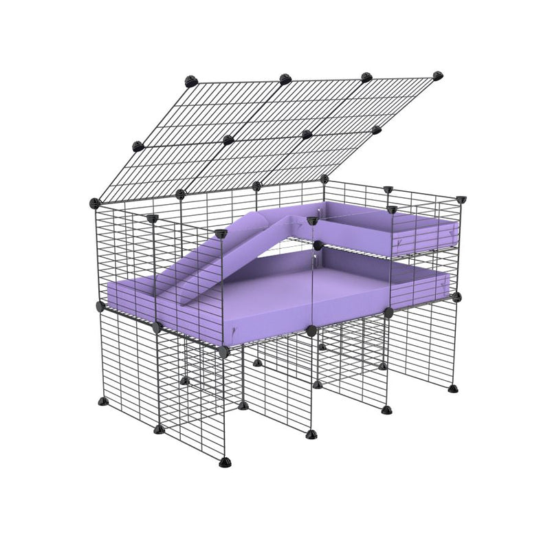 une kavee cage 3x2  avec panneaux transparents en plexiglass pour cochons d'inde avec rehausseur couvercle loft rampe coroplast violet lilas et grilles fines