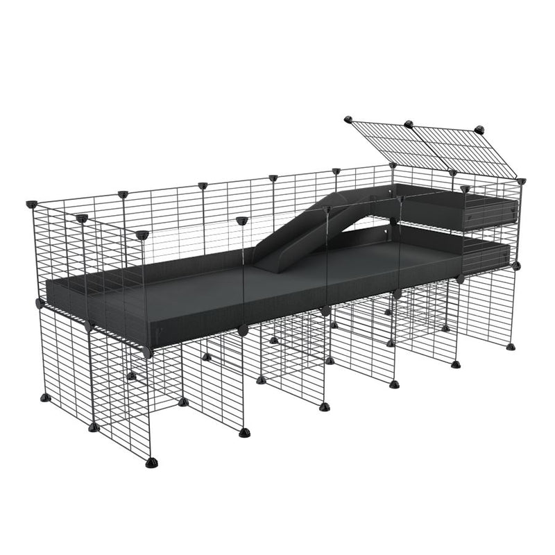 une kavee cage 5x2  avec panneaux transparents en plexiglass pour cochons d'inde avec rehausseur loft rampe coroplast noir et grilles a petits trous
