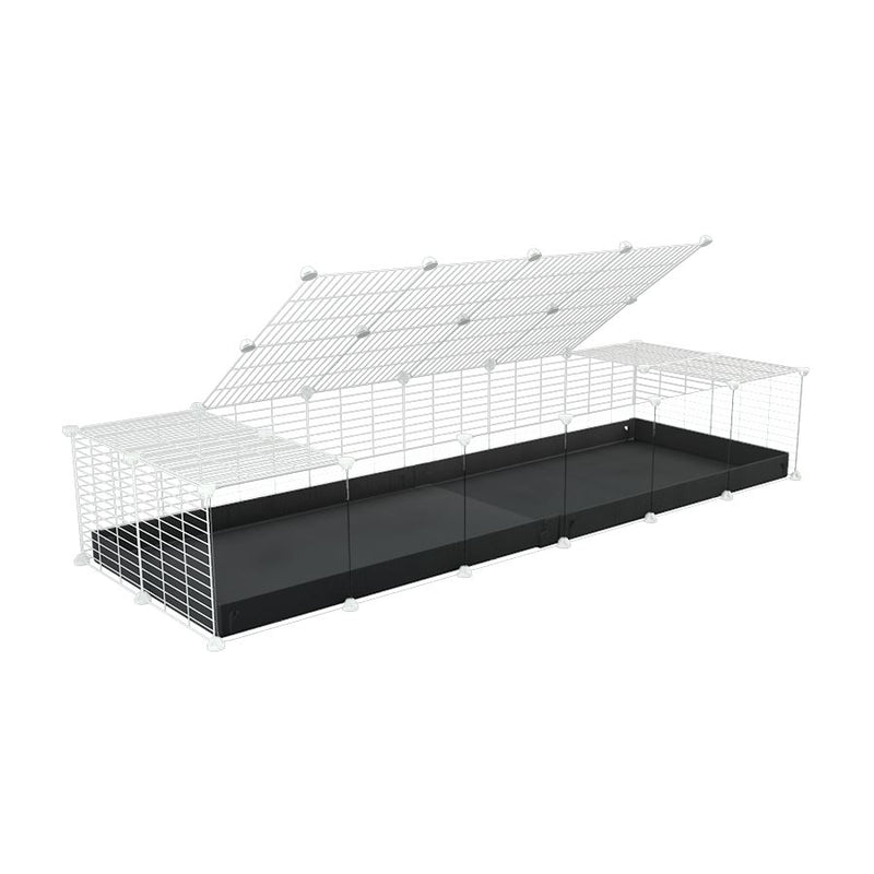 une cavy cage 6x2 avec panneaux transparents en plexiglass  pour cochons d'inde avec couvercle coroplast noir et grilles blanches avec barreaux etroits