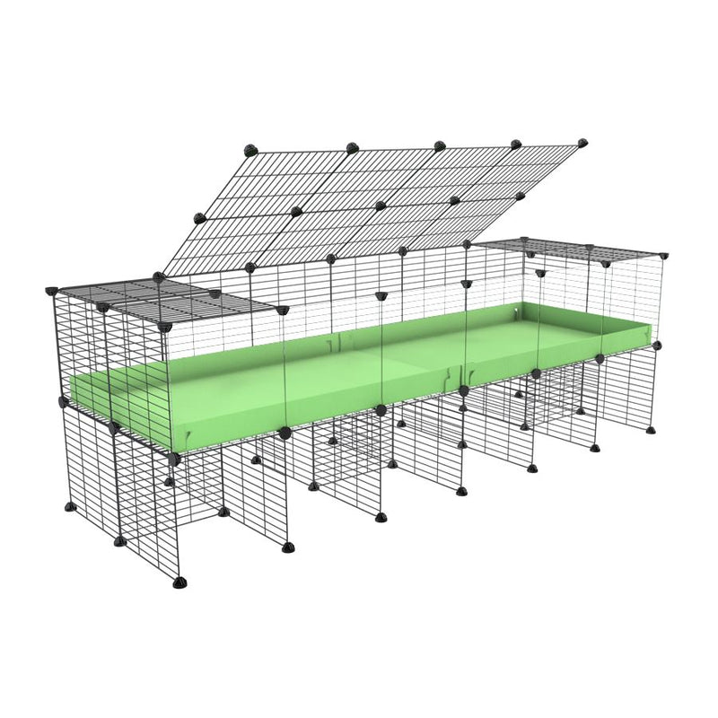 une cavy cage 6x2 avec panneaux transparents en plexiglass pour cochons d'inde avec rehausseur couvercle correx vert pistache et grilles fines de kavee france