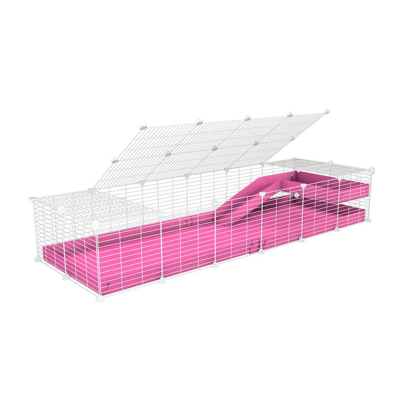 une cavy C&C cage 6x2 pour cochons d'inde avec une rampe un loft un toit un coroplast rose et grilles blanches pour bebes