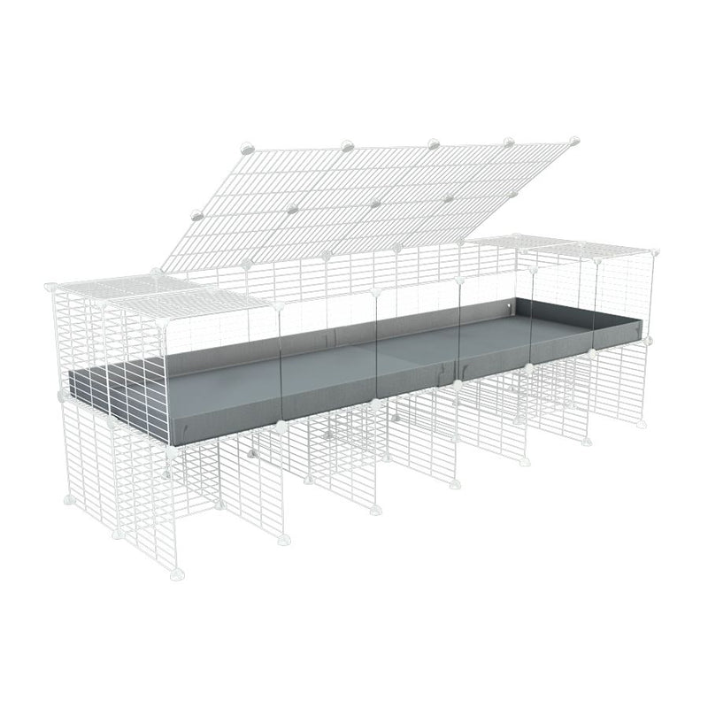 une cavy cage 6x2 avec panneaux transparents en plexiglass  pour cochons d'inde avec rehausseur couvercle correx gris et grilles blanches fines de kavee france