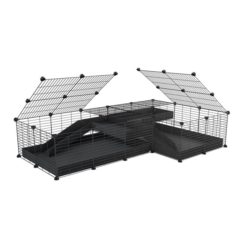 une cavy cage 6x2 en L avec loft avec couvercle et separation pour cochons d'inde qui se battent ou en quarantaine avec coroplast noir kavee