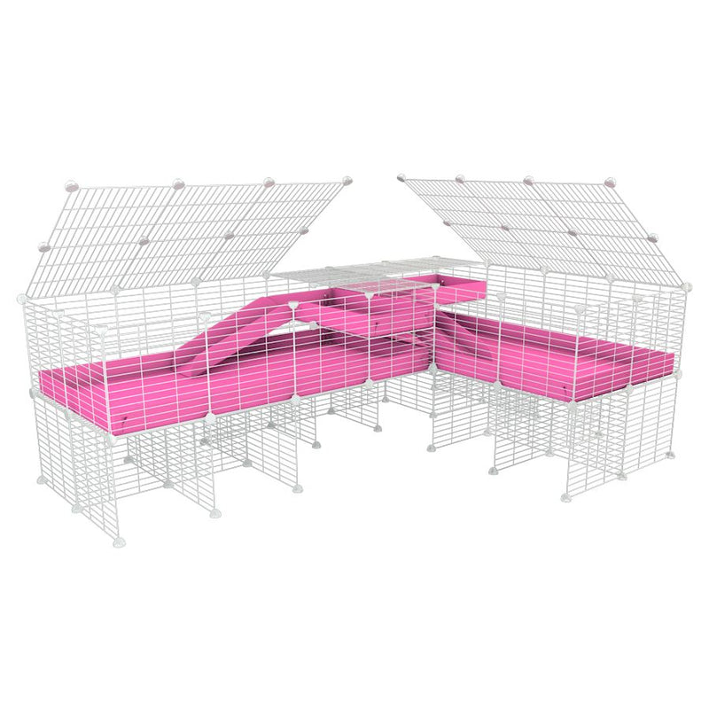 une cavy cage blanche 8x2 de coin avec stand et loft avec couvercle et separation pour cochons d'inde qui se battent ou en quarantaine avec coroplast rose kavee