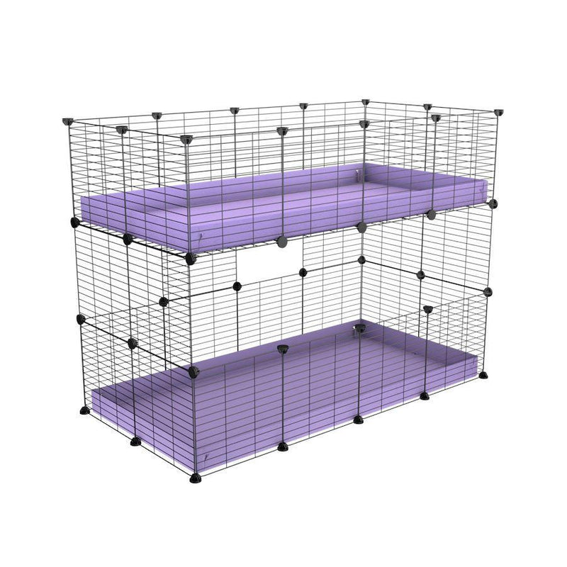 Une kavee cage double deux etages 4x2 pour cochons d'inde avec coroplast lilas violet mauve pastel et grilles sans danger pour bebes