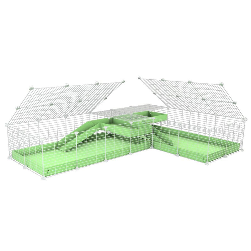 une cavy cage blanche 8x2 de coin avec loft avec couvercle et division pour cochons d'inde qui se battent ou en quarantaine avec coroplast vert kavee