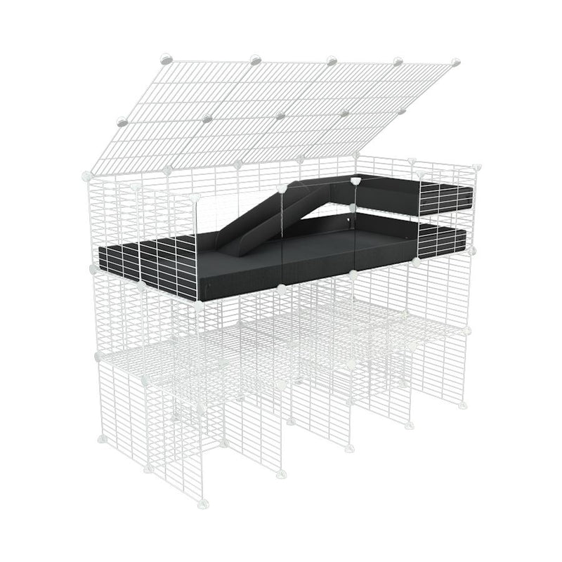 une kavee cage 4x2 pour cochons d'inde  avec panneaux transparents en plexiglass avec trois etages rampe couvercle coroplast noir et grilles blanches fines