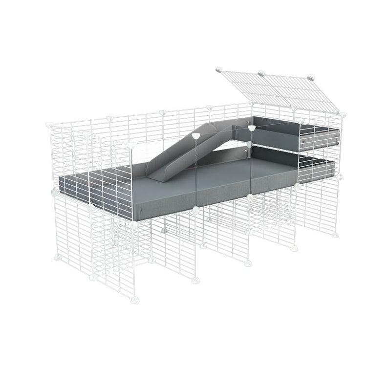 une cavy cage 4x2 avec panneaux transparents en plexiglass  pour cochons d'inde avec rehausseur loft rampe coroplast gris et grilles blanches fines de kavee