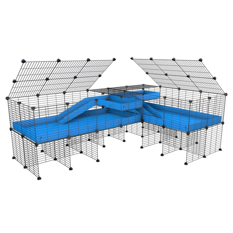 une cavy cage 8x2 de coin avec stand et loft avec couvercle et separation pour cochons d'inde qui se battent ou en quarantaine avec coroplast bleu kavee