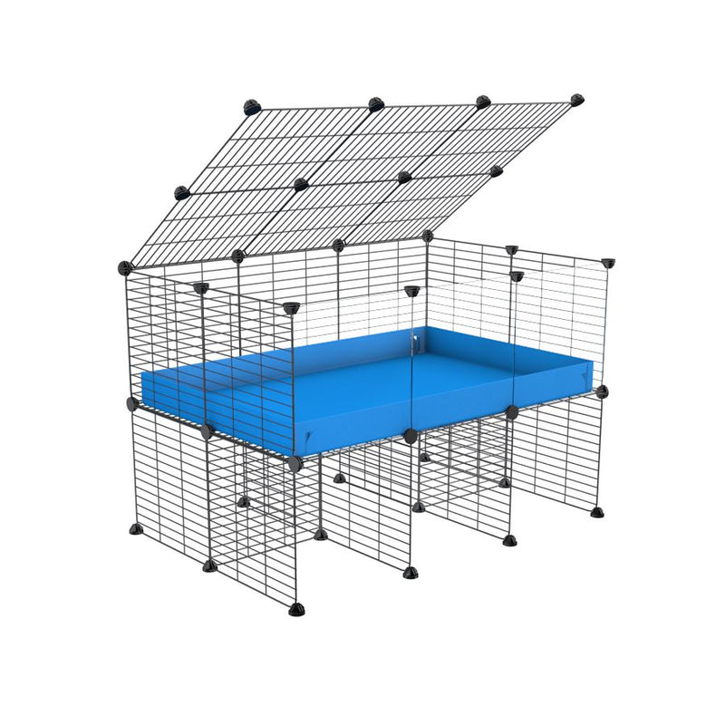 une cavy cage 3x2 pour cochons d'inde  avec panneaux transparents en plexiglass avec rehausseur couvercle correx bleu et grilles fines de kavee france