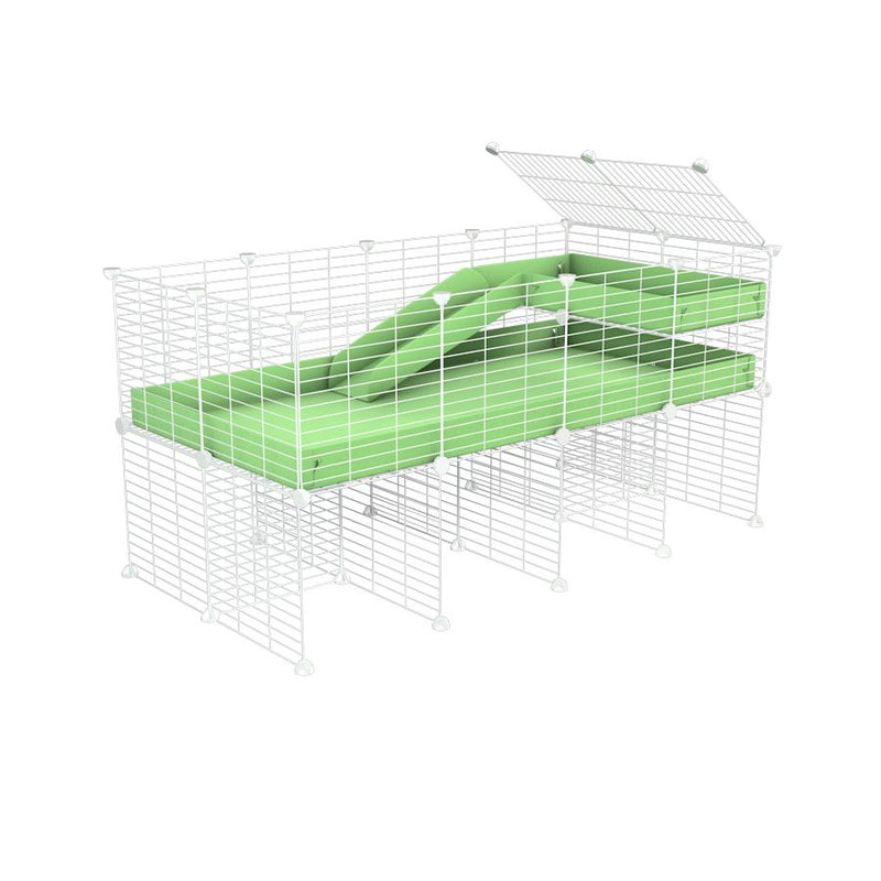 une cavy cage 4x2 pour cochons d'inde avec rehausseur loft rampe coroplast vert pistache et grilles blanches a petits trous