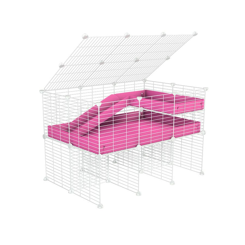 une cavy cage 3x2 pour cochons d'inde avec rehausseur couvercle loft rampe coroplast rose et grilles blanches de kavee france