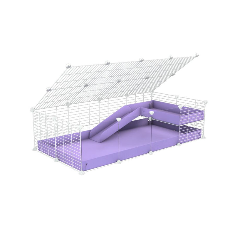 une cavy cage 4x2 avec panneaux transparents en plexiglass  pour cochons d'inde avec une rampe un loft un couvercle un coroplast lilas et grilles blanches pour bebes