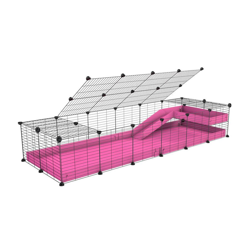 une cavy C&C cage 6x2 pour cochons d'inde avec une rampe un loft un toit un coroplast rose et grilles fines pour bebes