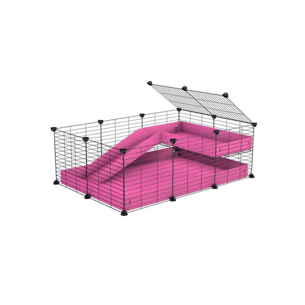 une cavy cage 3x2 pour cochons d'inde avec une rampe un loft un coroplast rose et grilles fines de kavee france