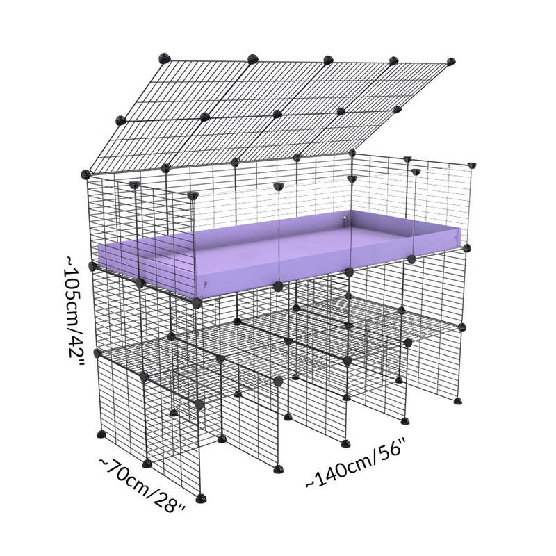 Dimension d'une cavy cage 4x2 avec panneaux transparents en plexiglass pour cochons d'inde avec double rehausseur couvercle correx violet mauve pastel lilas et grilles a petits trous de kavee france