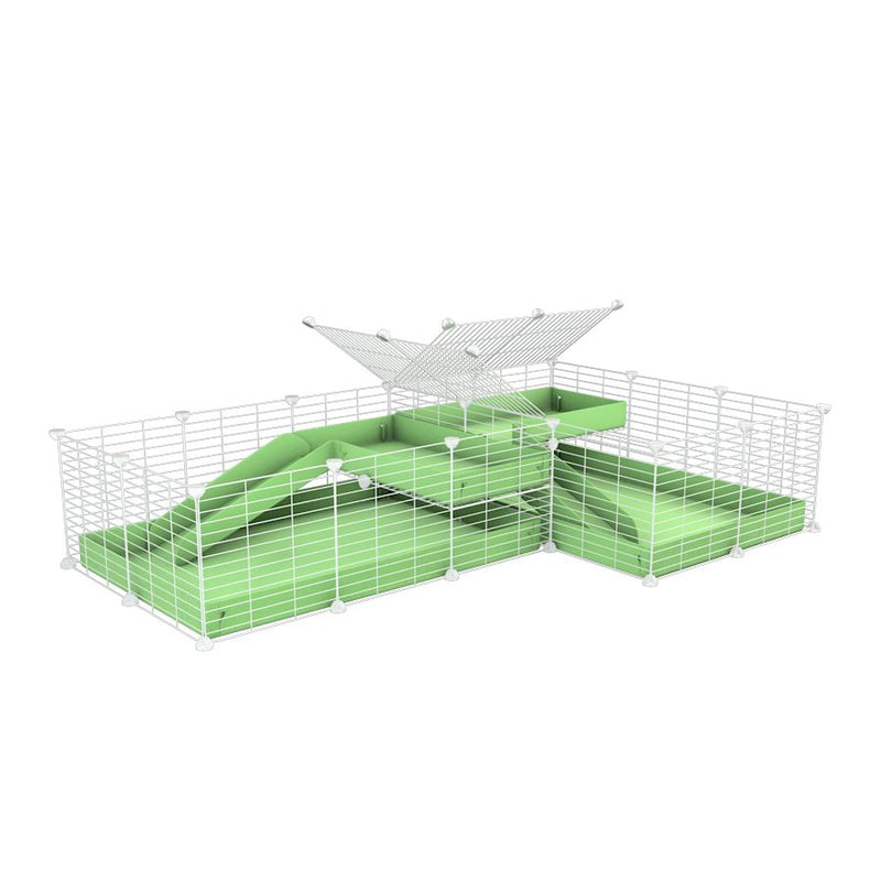 une cavy cage blanche 6x2 en L avec loft avec separation pour cochons d'inde qui se battent ou en quarantaine avec coroplast vert kavee