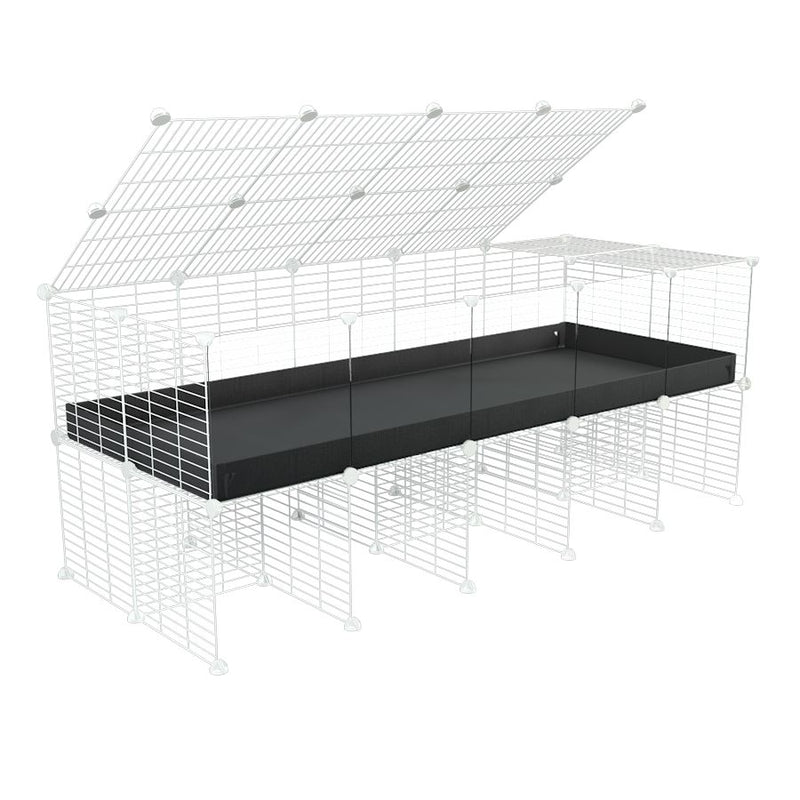 une kavee cage 5x2 avec panneaux transparents en plexiglass  pour cochons d'inde avec rehausseur couvercle correx noir et grilles blanches fines