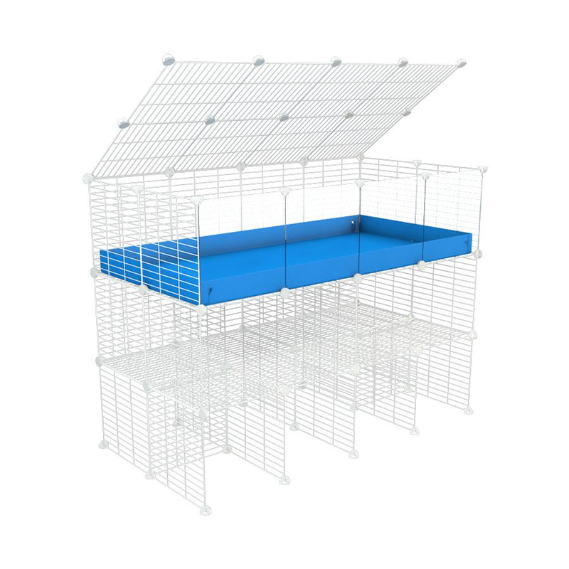 une kavee cage C&C 4x2  avec panneaux transparents en plexiglass pour cobayes cochons d'inde avec double rehausseur correx bleu et grilles blanches maillage fin