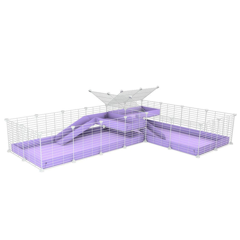 une cavy cage blanche 8x2 de coin avec loft avec division pour cochons d'inde qui se battent ou en quarantaine avec coroplast lilas violet kavee