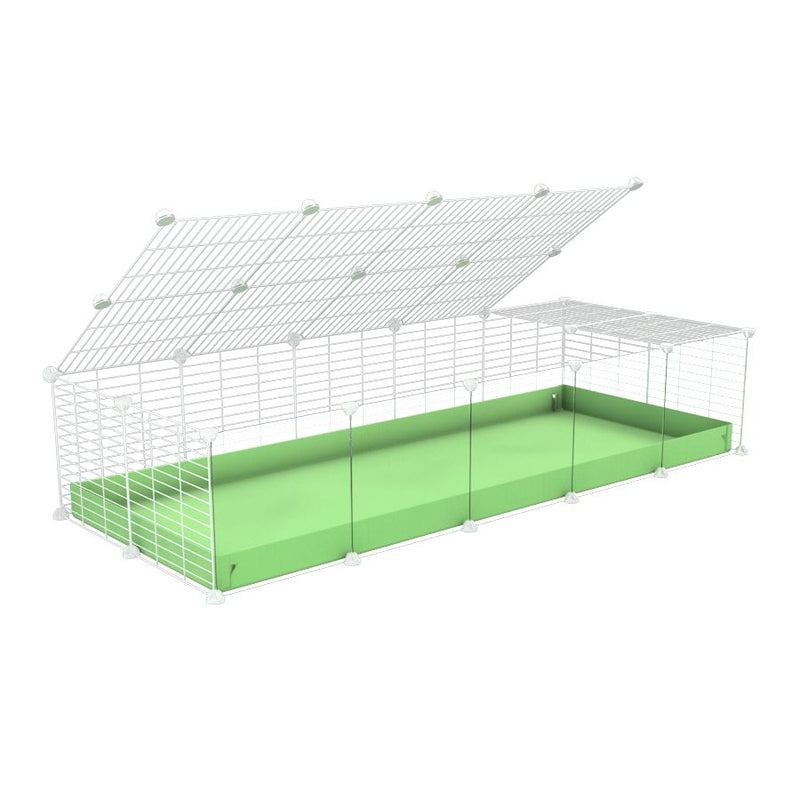 une kavee cage 5x2 avec panneaux transparents en plexiglass  pour cochons d'inde avec couvercle coroplast vert pistache et grilles blanches avec barreaux etroits