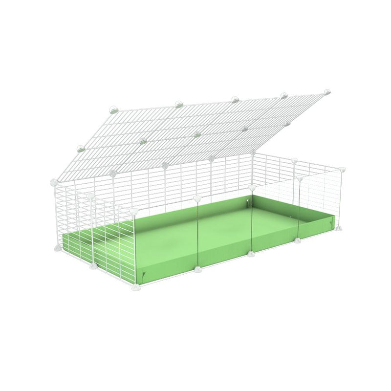 une cavy cage 4x2 pour cochons d'inde avec panneaux transparents en plexiglass avec couvercle coroplast vert et grilles blanches avec barreaux etroits de kavee