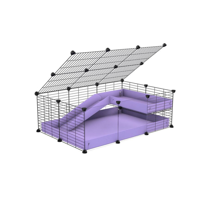 une cavy cage 3x2 pour cochons d'inde avec panneaux transparents en plexiglass avec une rampe un loft un couvercle un coroplast violet et grilles