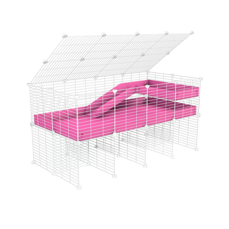 une cavy cage 4x2 pour cochons d'inde avec rehausseur couvercle loft rampe coroplast rose et grilles blanches kavee